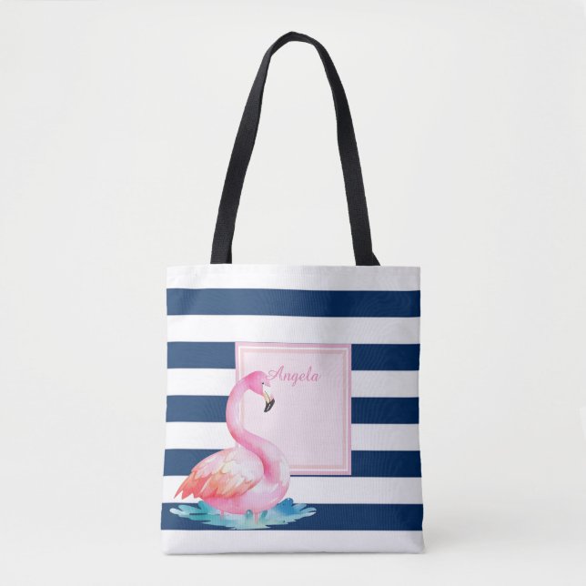 Modern Striped,Adorable Flamingos Tote Bag (Front)