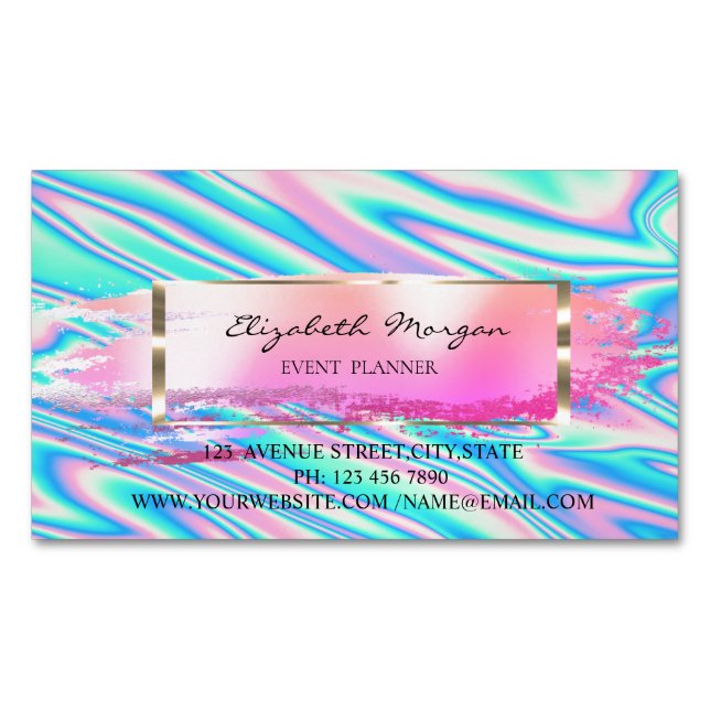 Modern Striped,Brush Stroke,Gold Frame Holographic Magnetic Business Card (Front)