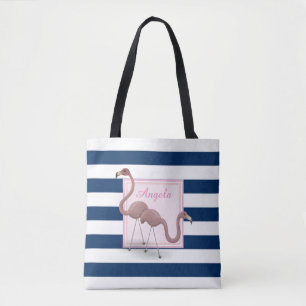 Modern Striped, Cartoon Flamingos -Personalised Tote Bag