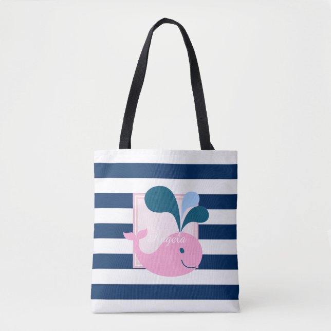 Modern Striped, Cartoon Whale -Personalised Tote Bag (Front)