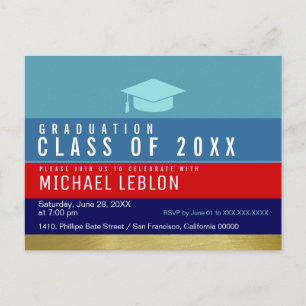 modern, striped & cool graduation . grad party invitation postcard