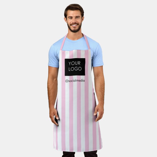 Modern Striped Custom Business Logo Pink White  Apron (Worn)