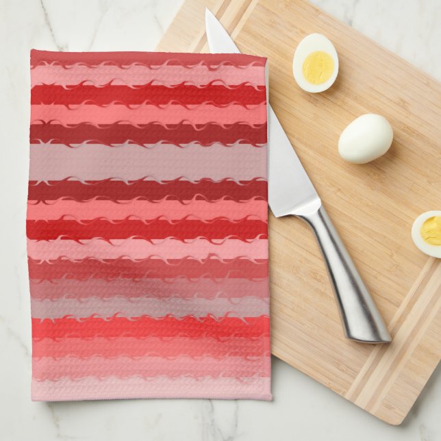 Modern striped design in various shades of red tea towel (Quarter Fold)