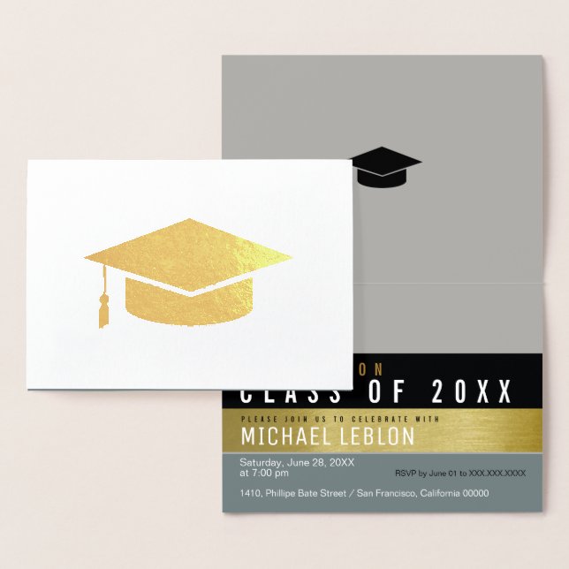 modern, striped & elegant graduate . grad gold foil card (Display)
