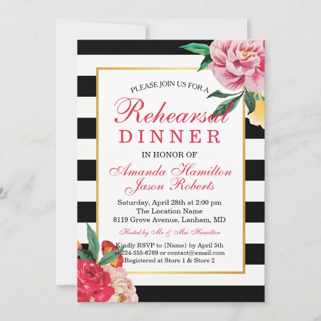Modern Striped Floral Peony Rehearsal dinner Invitation (Front)