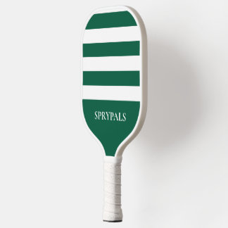 Modern Striped Green White Monogram Pickleball Pad Paddle