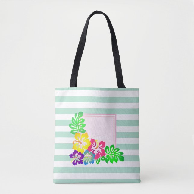 Modern Striped, Hawaii Hibiscus -Personalised Tote Bag (Front)