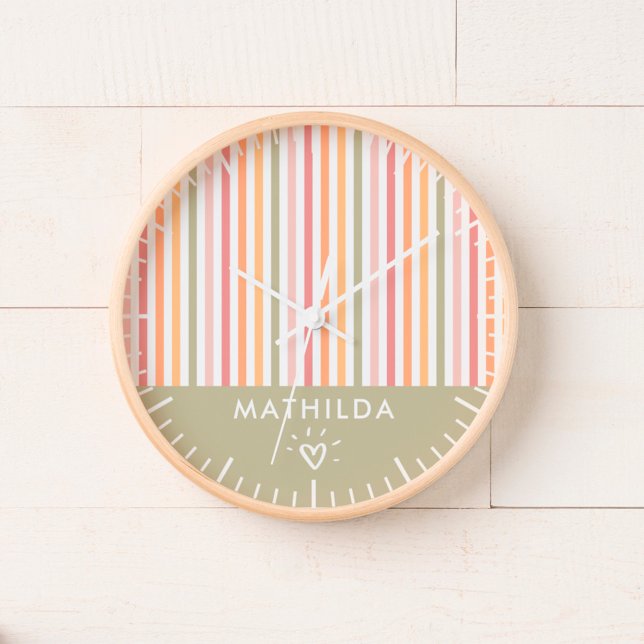 Modern striped kids room clock (nursery or kids room wall clock with name)