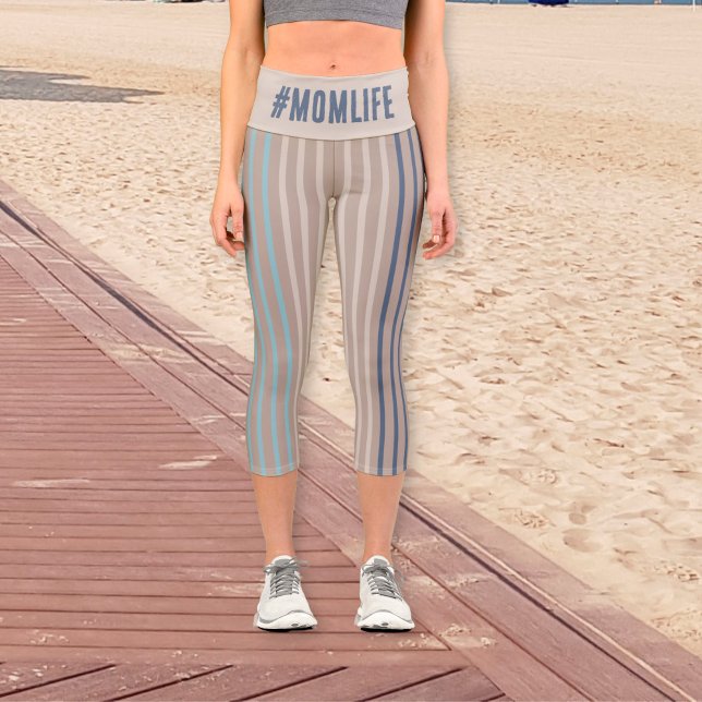 Modern Striped Momlife beige and blue Capri Leggings (Creator Uploaded)