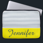 Modern striped pattern laptop sleeve<br><div class="desc">Modern white, blue and yellow striped pattern with custom name</div>