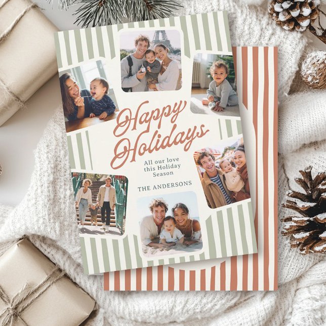 Modern Striped Photo Collage Warm Colors Happy Holiday Card (Creator Uploaded)
