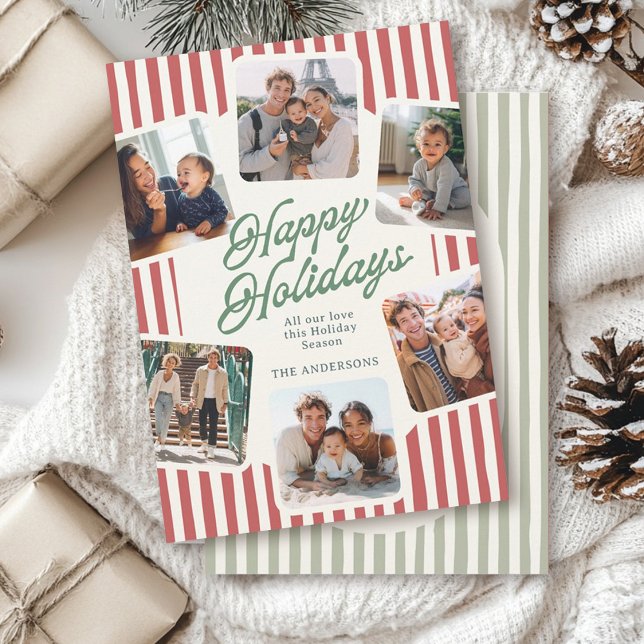 Modern Striped Photo Collage Warm Colors Happy Holiday Card (Creator Uploaded)