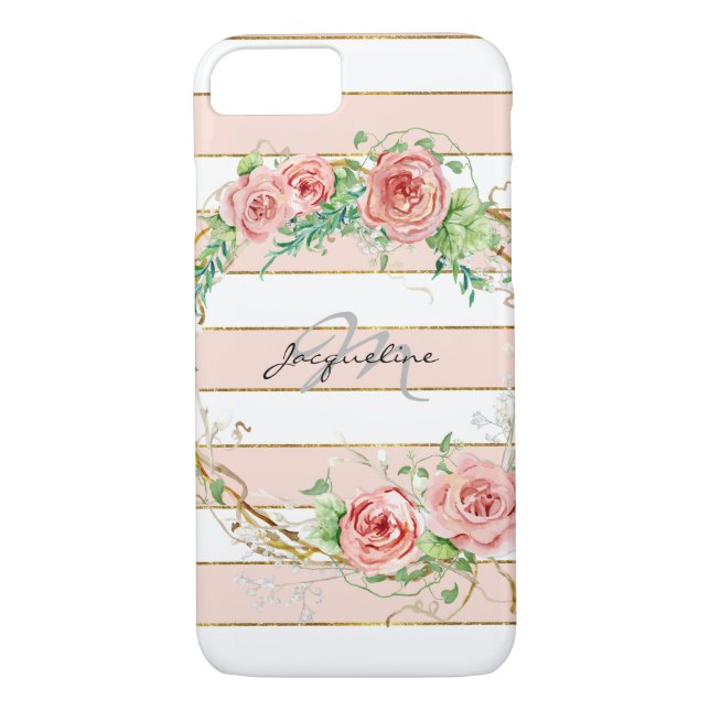 Modern Striped Rose Wreath BOHO Chic Floral Case (Back)