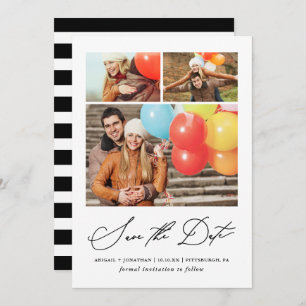 Modern Striped Three Photo Hand Lettered Save The Date