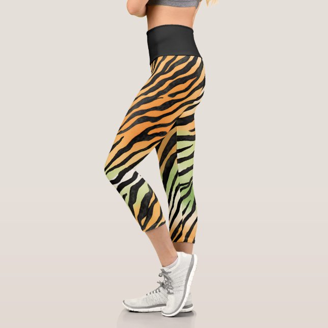 Modern Striped tiger skin Print big cats feline a Capri Leggings (Left)
