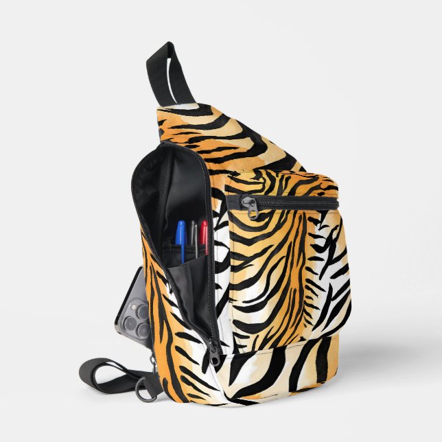 Modern Striped tiger skins Print big cats feline a Sling Bag (Open)
