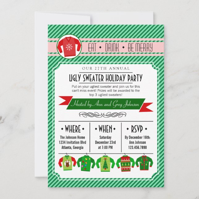 Modern Striped Ugly Sweater Holiday Party Invitation (Front)