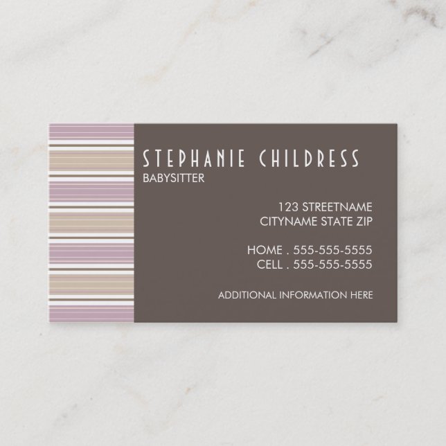 Modern Stripes Babysitting Business Card in Plum (Front)