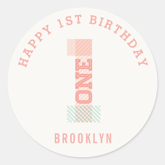 Modern Stripes Big Number ONE 1st Birthday Party Classic Round Sticker (Front)