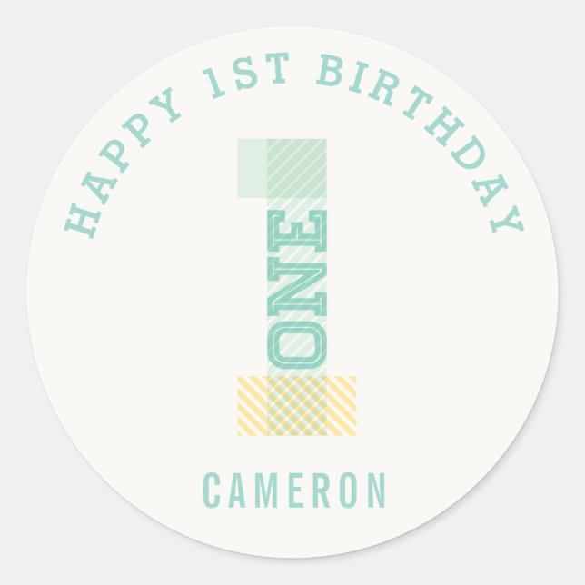 Modern Stripes Big Number ONE 1st Birthday Party Classic Round Sticker (Front)