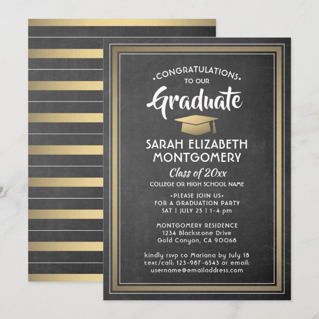 Modern Stripes Black Chalkboard & Gold Graduation Invitation (Front/Back)