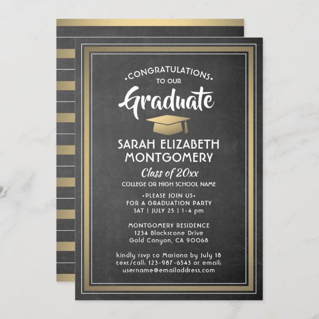 Modern Stripes Black Chalkboard & Gold Graduation Invitation (Front/Back)