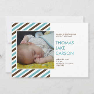 Modern stripes blue brown baby birth announcement