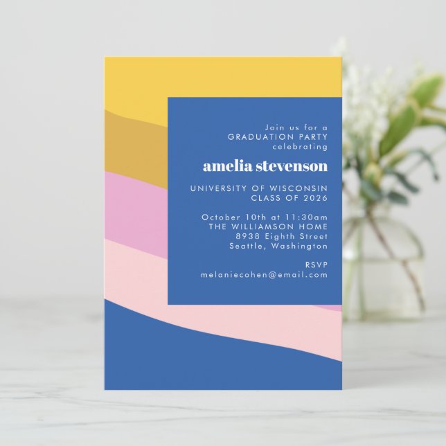 Modern Stripes Blue Yellow Graduation Party Photo Invitation (Standing Front)