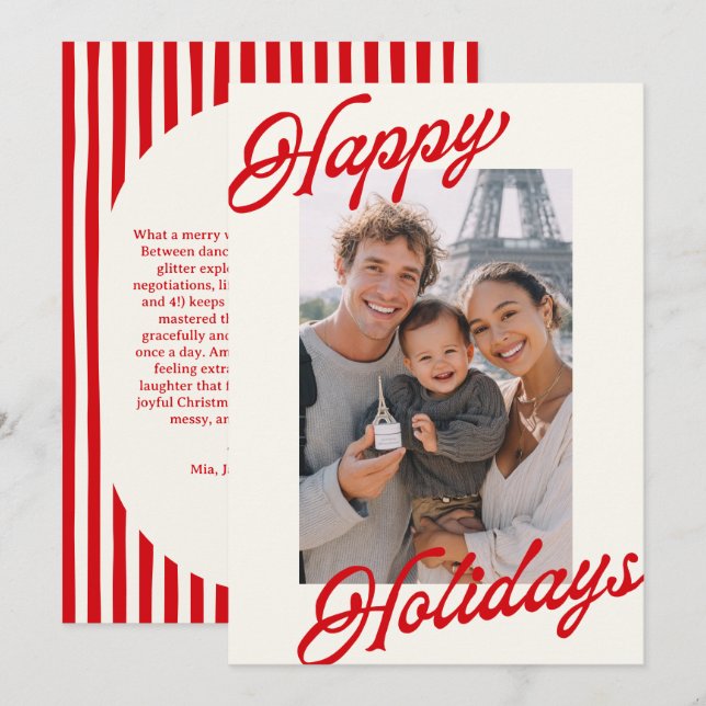 Modern Stripes Bright Red Minimalist Happy  Holiday Card (Front/Back)