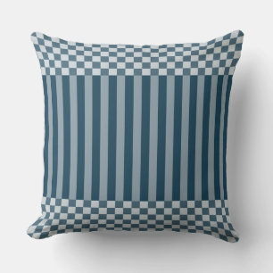 Modern Stripes & Chequered Pattern Blue Cushion