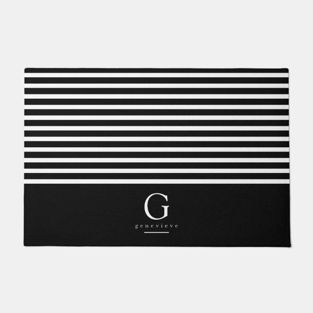 Modern Stripes Chic Monogram Black White  Doormat (Front)