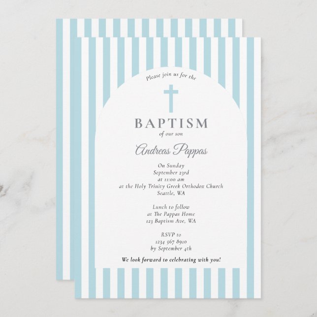 Modern Stripes Christening Baptism Dusty Blue Boy Invitation (Front/Back)