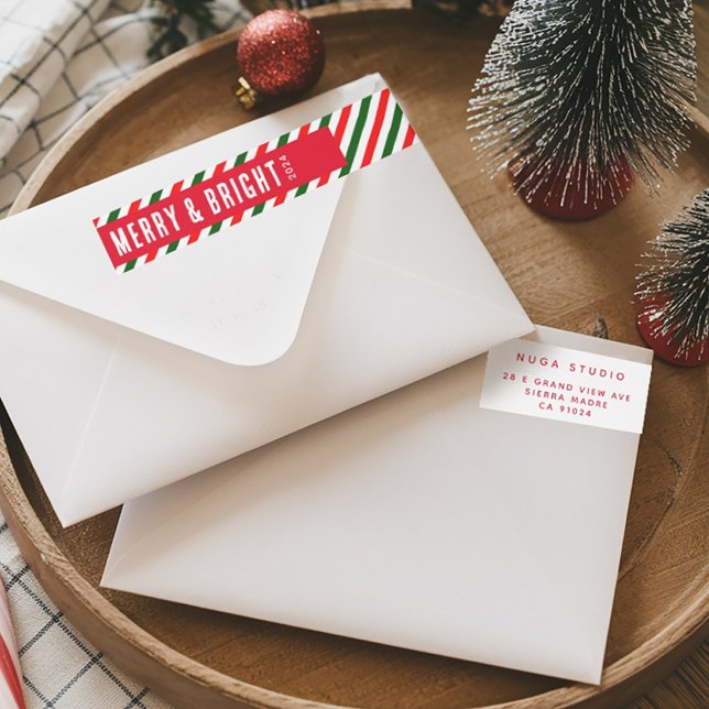 Modern Stripes Christmas Merry and Bright Address Wrap Around Label (Creator Uploaded)
