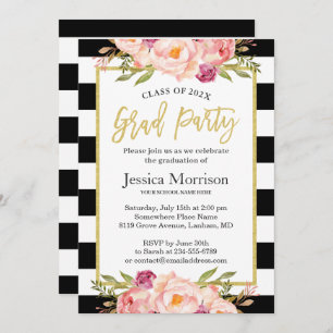 Modern Stripes Floral Gold Script Graduation Party Invitation