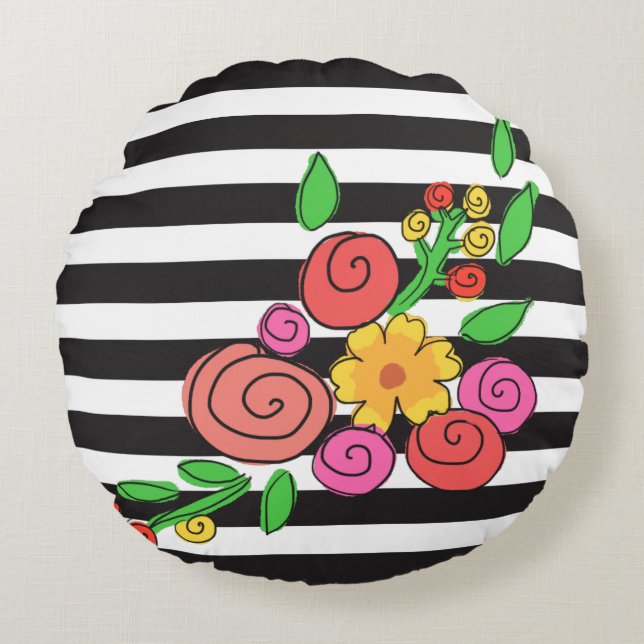 modern stripes floral round pillow (Front)