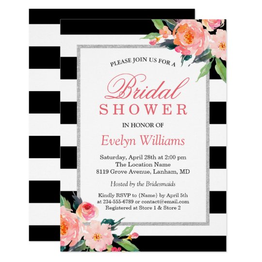 Modern Stripes Floral Silver Frame Bridal Shower Card