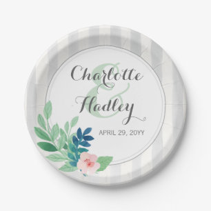 Modern Stripes Floral Watercolor Bohemian Wedding Paper Plate