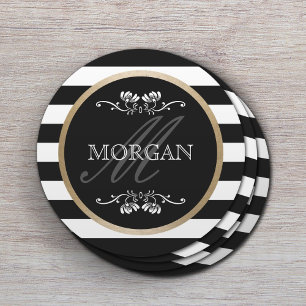 Modern Stripes Gold Border Family Name Round Paper Coaster