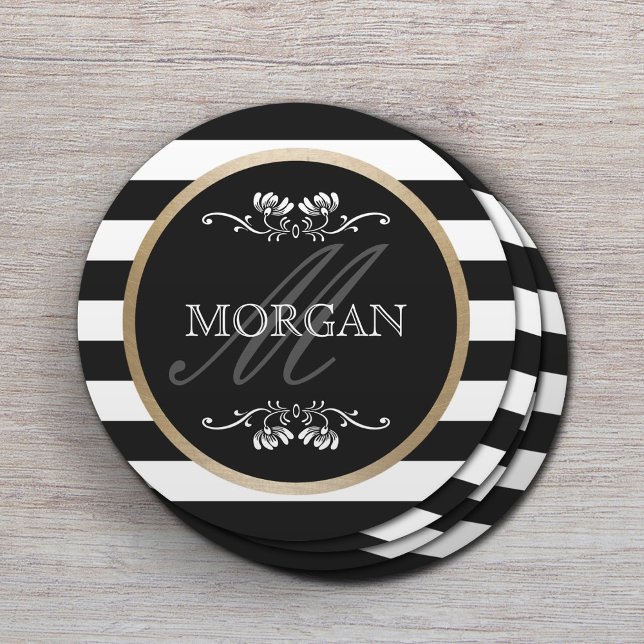 Modern Stripes Gold Border Family Name Round Paper Coaster (Creator Uploaded)