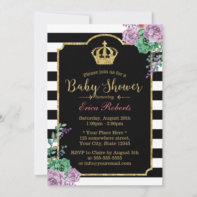 Modern Stripes Gold Crown Floral Baby Shower Invitation (Front)