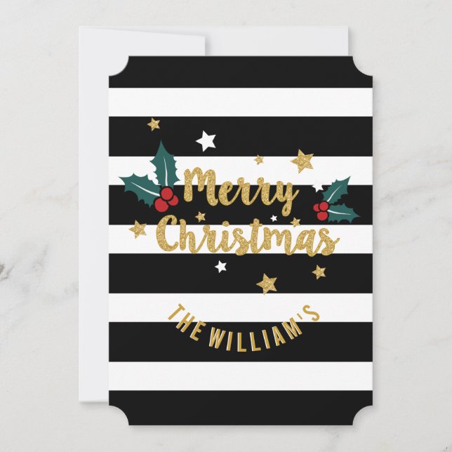 Modern Stripes & Gold Glitter Merry Christmas Holiday Card (Front)
