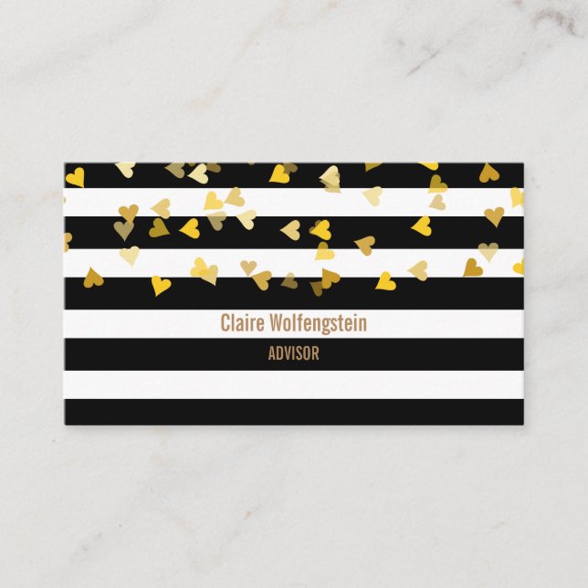 Modern Stripes Gold Hearts Professional Business Card (Front)