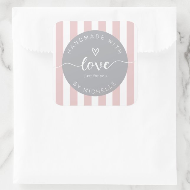 Modern Stripes Handmade With Love Monogram Square Sticker (Bag)