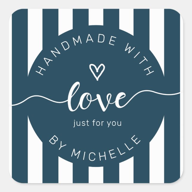 modern stripes handmade with love monogram square sticker (Front)