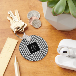 Modern stripes in black, white and gray - Monogram Key Ring