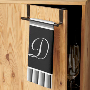 Modern stripes in black, white and grey - Monogram Tea Towel