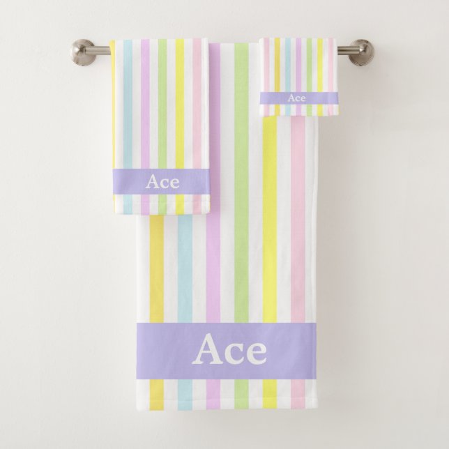 Modern Stripes in Pastel Colours Personalised Bath Towel Set (Insitu)