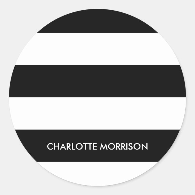 Modern stripes name monogram black and white classic round sticker (Front)