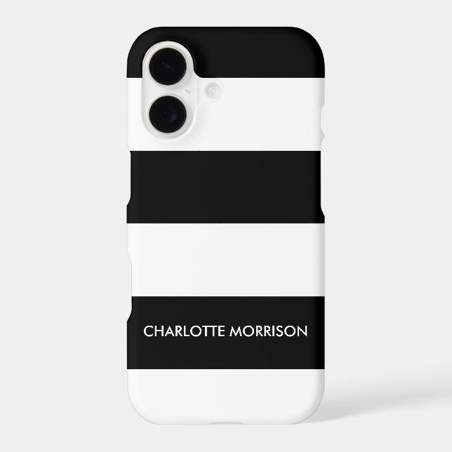Modern stripes name monogram black and white iPhone case (Back)