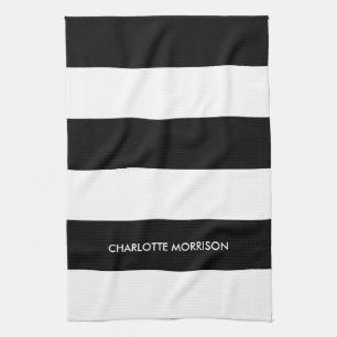Modern stripes name monogram black and white tea towel